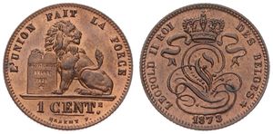 Belgium, Kingdom, Leopold II, 1 Centime Copper 1873FR, Seated lion with tablet, Morin 221, UNC