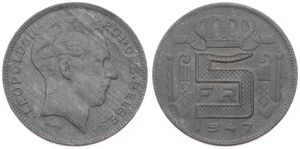 Belgium, Kingdom, Prince Charles, 5 Francs Zinc 1947FR, Head right, Morin 532, SCARCE DATE, XF