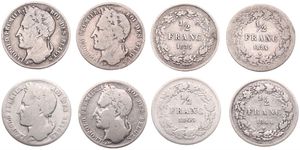 Belgium, Kingdom, Leopold I, Nice lot with 4 different 1/2 Franc Silver 1834, 1835, 1843 & 1844, Laureate head left, Morin 29, 30, 33 & 43, F/VF