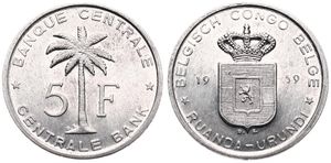 Ruanda-Urundi, Province, Baudouin I, 5 Francs Aluminum 1959, Oil palm divides denomination, KM 3, KEY DATE, UNC