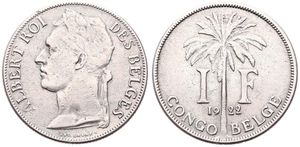 Belgian Congo, Colony, Albert I, 1 Franc Copper-Nickel 1922, Laureate head of the King left, KM 20 French Legend, VF