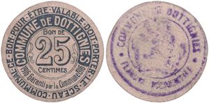 Belgium, Kingdom, Dottignies, 25 Centimes Carton 1916, Emergency Issue - Value within circle / Commune de Dottignies - Flandre Occidentale, XF
