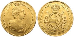 Austrian Netherlands, Maria Theresia, 1 Souverain d'Or Gold 1763 Brussels, Crowned mature bust right / Crowned ornate arms, KM 24, XF (*)