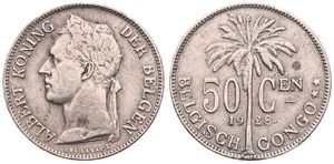 Belgian Congo, Colony, Albert I, 50 Centimes Copper-Nickel 1928, Laureate head of the King left, KM 23 Flemish Legend, VF