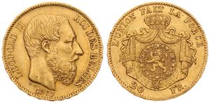 Belgium, Kingdom, Leopold II, 20 Francs Gold 1867, Bearded head right, Morin 141, A.XF (*)
