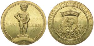 Belgium, Kingdom, Leopold III, Medal in Gilt Copper 1935 by G. Prud'Homme, Exposition Universelle de Bruxelles, Manneken Pis / City coat of arms within circle, A.UNC