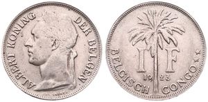 Belgian Congo, Colony, Albert I, 1 Franc Copper-Nickel 1923, Laureate head of the King left, KM 21 Flemish Legend, A.XF