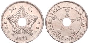Belgian Congo, Colony, Albert I, 20 Centimes Copper-Nickel 1911, Center hole flanked by crowned monograms within beaded circle, KM 19, UNC