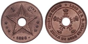 Congo Free State, Royal Domain, Leopold II, 1 Centime Copper 1888, Center hole flanked by crowned monograms within beaded circle, KM 1, A.UNC