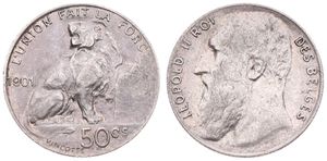 Belgium, Kingdom, Leopold II, 50 Centimes Silver 1901FR, Seated lion left, Morin 192, VF