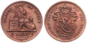 Belgium, Kingdom, Leopold I, 2 Centimes Copper 1836, Seated lion with tablet, Morin 90f, VARIETY WITH INCOMPLETE T IN CENT (STRUCK ON DUTCH CENT) !, VF (cleaned)