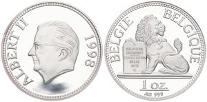 Belgium, Kingdom, Albert II, Medal (1 Oz) in Silver 1998, Seated lion with tablet / Head of King Albert II left, PROOF