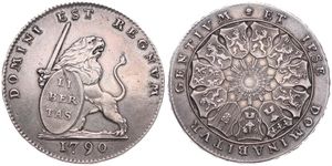 Austrian Netherlands, Insurrection Coinage, 3 Florins Silver 1790(b), Rampant lion right holding sword and shield / 11 Shields surround central radiant design, KM 50 Brussels with LARGE DATE & Position B, RARE !, A.UNC 