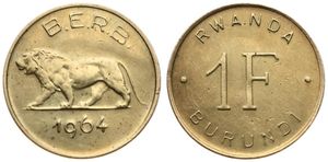 Rwanda-Burundi, Provinces, 1 Franc Brass 1964, Lion walking left, KM 1, SCARCE DATE, XF