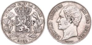 Belgium, Kingdom, Leopold I, 5 Francs Silver 1851/50, Bare head left, Morin 41b, VARIETY WITH DOT ABOVE DATE, VF