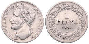 Belgium, Kingdom, Leopold I, 1 Franc Silver 1834, Laureate head left, Morin 23, A.XF