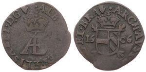 Spanish Netherlands, Albrecht & Isabella, 1 Dubbele Penning Copper 1606, Crowned monograms AE / Crowned arms on cross, VH 599.AN - Antwerp, A.VF