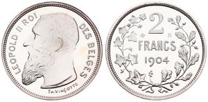 Belgium, Kingdom, Leopold II, Restrike : 2 Francs Silver 1904FR, Bearded head left, GR-BR 3969, PROOF 