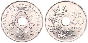 Belgium, Kingdom, Albert I, 25 Centimes Copper-Nickel 1920FR, Center hole within crowned monogram, Morin 323, UNC