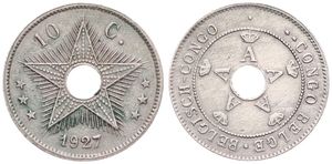 Belgian Congo, Colony, Albert I, 10 Centimes Copper-Nickel 1927, Center hole flanked by crowned monograms within beaded circle, KM 18, XF
