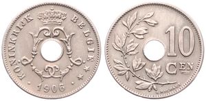 Belgium, Kingdom, Leopold II, 10 Centimes Copper-Nickel 1906/05FL, Center hole within crowned monogram, Morin 267a, XF 