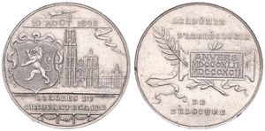 Belgium, Kingdom, Leopold II, Medal in Tin 1892 by Baetes, Congrès du Cinquantenaire à Anvers, View on the City of Antwerp flanked by Shield with lion / Legend in 7 lines, A.UNC