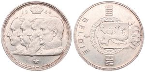 Belgium, Kingdom, Prince Charles, 100 Francs Silver 1948FL, Conjoined heads of four Kings, Morin 503, VARIETY : STRUCK IN HALF MEDAL ALIGNMENT, A.UNC