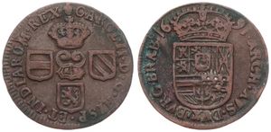 Spanish Netherlands, Charles II, 1 Oord Copper 1691, Crowned title and three shields / Crowned arms, VH 723.BS - Brussels, VF