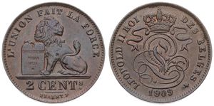 Belgium, Kingdom, Leopold II, 2 Centimes Copper 1909FR, Seated lion with tablet, Morin 217, A.UNC