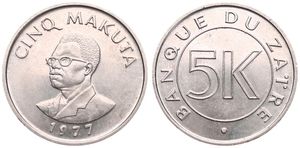 Zaire, Republic, 5 Makuta Copper-Nickel 1977, Bust of Mobutu left, KM 12, UNC