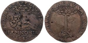 Spanish Netherlands, Philip II, Token in Copper 1582, Etat malheureux du Hainaut : Rebus. Afflictis - Hannonia / Domine. Adivva. Nos (Deus), Dugniolle 2857, VF