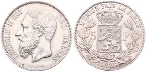 Belgium, Kingdom, Leopold II, 5 Francs Silver 1876, Bearded head left, Morin 163, XF