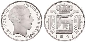 Belgium, Kingdom, Leopold III, Restrike : 5 Francs Silver 1941FL, Head right, GR-BR 3977, PROOF
