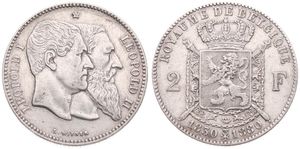 Belgium, Kingdom, Leopold II, 2 Francs Silver 1880FR, 50th Anniversary of Belgian Independence, Morin 190 WITH SMALL DOT IN L. WIENER, A.XF 