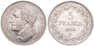 Belgium, Kingdom, Leopold I, 5 Francs Silver 1849, Laureate head left, Morin 15, XF !