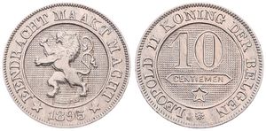 Belgium, Kingdom, Leopold II, 10 Centimes Copper-Nickel 1895FL, Rampant lion within circle left, Morin 239, VARIETY WITH DOUBLE 5 IN DATE !, A.UNC