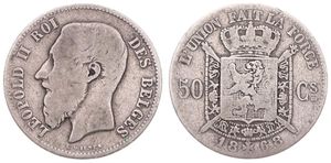 Belgium, Kingdom, Leopold II, 50 Centimes Silver 1868FR, Bearded head left, Morin 182, RARE KEY DATE !, A.Fine