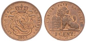 Belgium, Kingdom, Leopold II, 1 Centime Copper 1902/802FR, Seated lion with tablet, Morin 232b, UNC