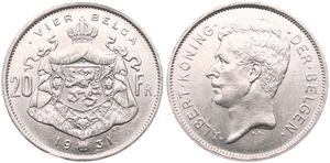 Belgium, Kingdom, Albert I, 20 Francs (4 Belgas) Nickel 1931FL (Position B), Head left, Morin 377b, XF