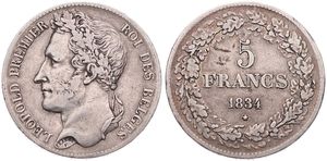 Belgium, Kingdom, Leopold I, 5 Francs Silver 1834, Laureate head left, Morin 9b (Position B), VF