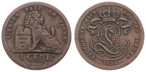 Belgium, Kingdom, Leopold I, 1 Centime Copper 1833, Seated lion with tablet, Morin 114, VF