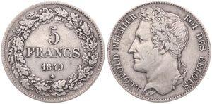 Belgium, Kingdom, Leopold I, 5 Francs Silver 1849, Laureate head left, Morin 15a, VARIETY : DOUBLE STAR BELOW DATE, VF