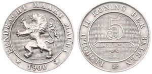 Belgium, Kingdom, Leopold II, 5 Centimes Copper-Nickel 1900FL, Rampant lion within circle left, Morin 251, XF