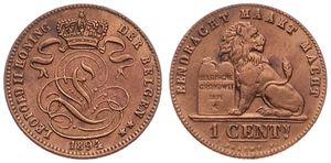 Belgium, Kingdom, Leopold II, 1 Centime Copper 1894FL, Seated lion with tablet, Morin 227, VARIETY WITH DOUBLE 4 IN DATE !, A.UNC (slightly cleaned)