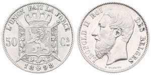 Belgium, Kingdom, Leopold II, 50 Centimes Silver 1898FR, Bearded head left, Morin 186, VARIETY WITH DOUBLE 9 IN DATE !, XF/AU