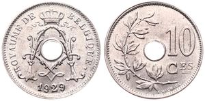Belgium, Kingdom, Albert I, 10 Centimes Copper-Nickel 1929FR, Center hole within crowned monogram, Morin 351, UNC