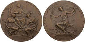 Belgium, Kingdom, Leopold II, Medal in Bronze 1905 by Paul Dubois, Exposition Universelle de Liege, Allegorical figures / Female seated above ' Concours de Lins ', XF