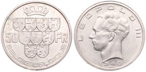 Belgium, Kingdom, Leopold III, 50 Francs Silver 1940FL/FR (Position B), Crown above nine shields, Morin 447b, XF/AU