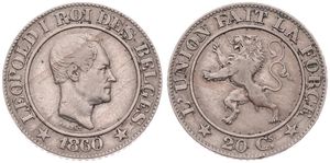 Belgium, Kingdom, Leopold I, 20 Centimes Copper-Nickel 1860, Rampant lion within circle left, Morin 131, RARE KEY DATE, VF 