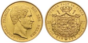 Belgium, Kingdom, Leopold I, 25 Francs Gold 1850, Large bare head right, Morin 3a, VARIETY WITHOUT DASH BETWEEN 900 & M, EXTREMELY RARE !, A.UNC (*)